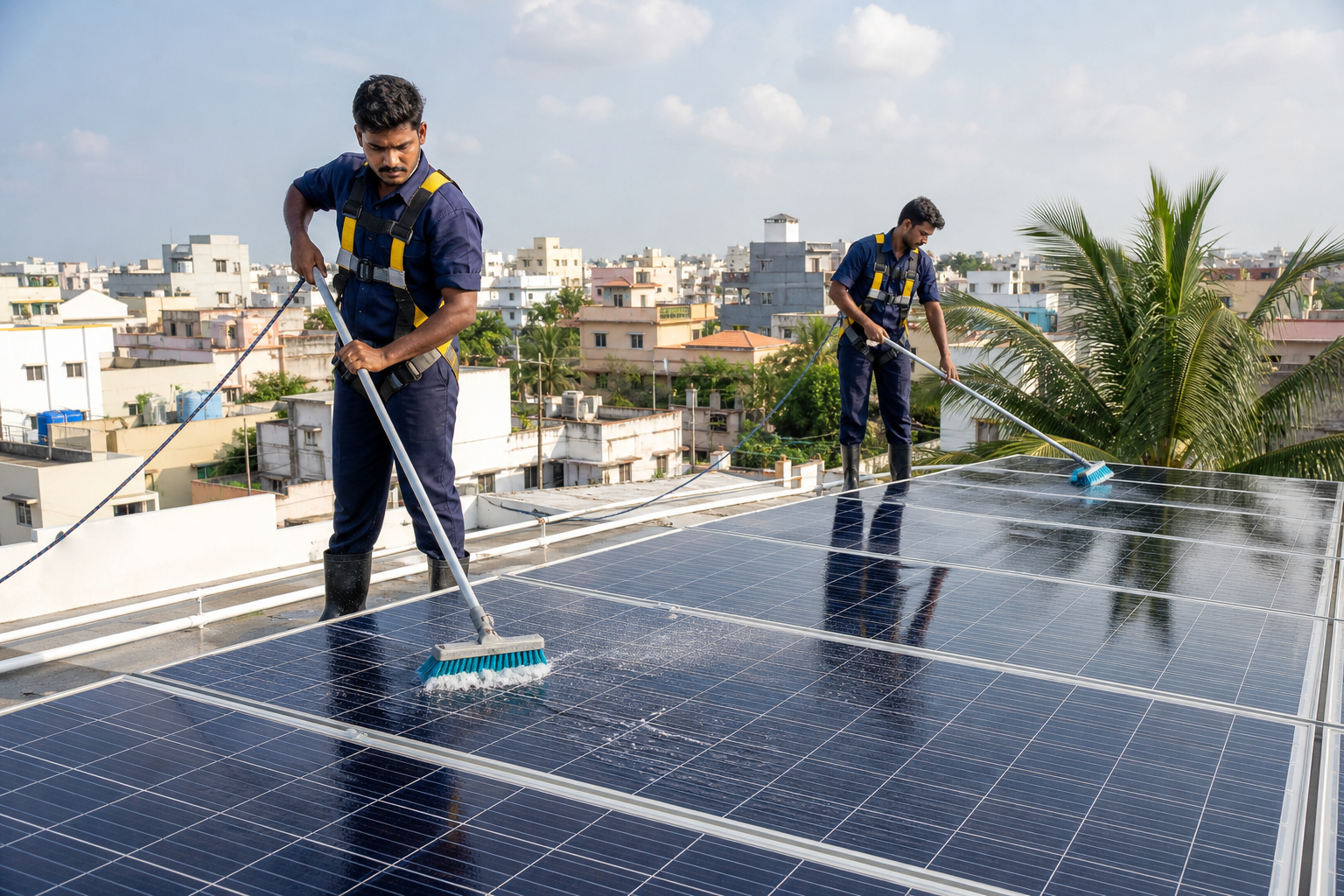 ZeroEB technicians cleaning rooftop solar panels